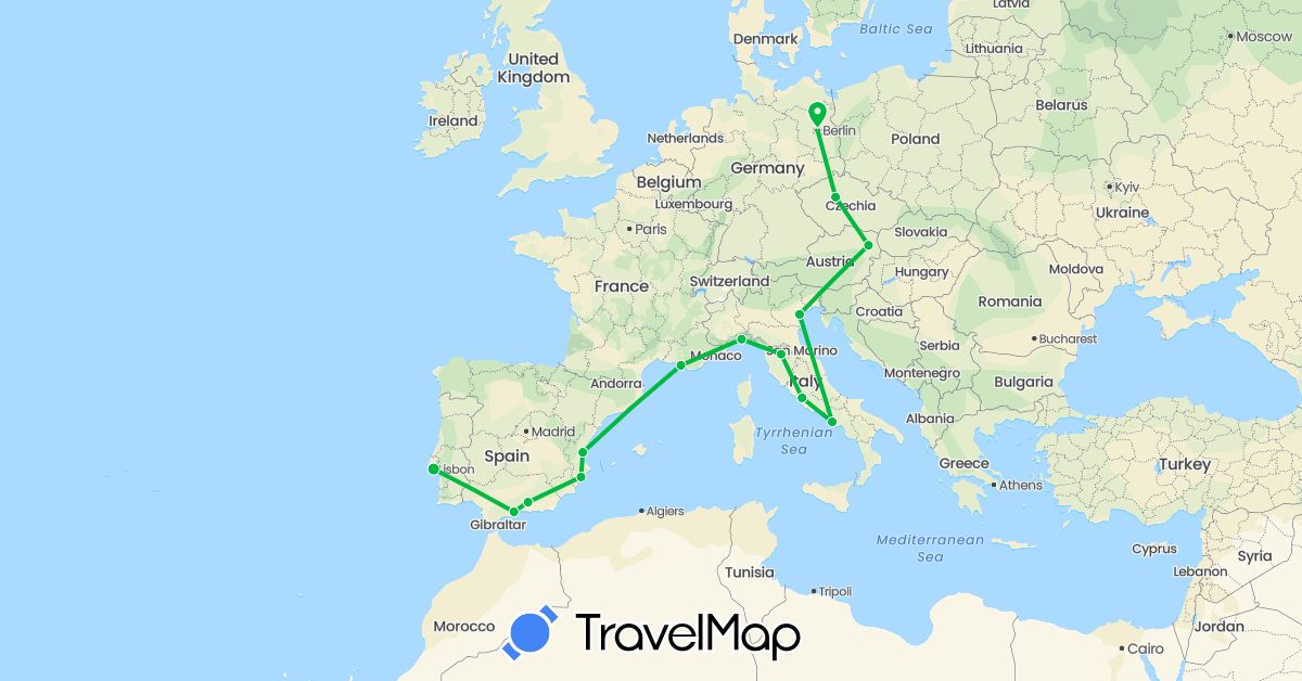 TravelMap itinerary: bus in Austria, Czech Republic, Germany, Spain, France, Italy, Portugal (Europe)
